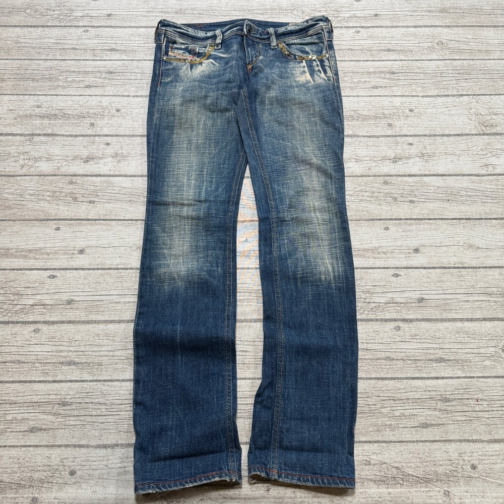 Vintage Diesel Jeans Womens 27x23 Blue Denim Distressed Embellished Straight Leg